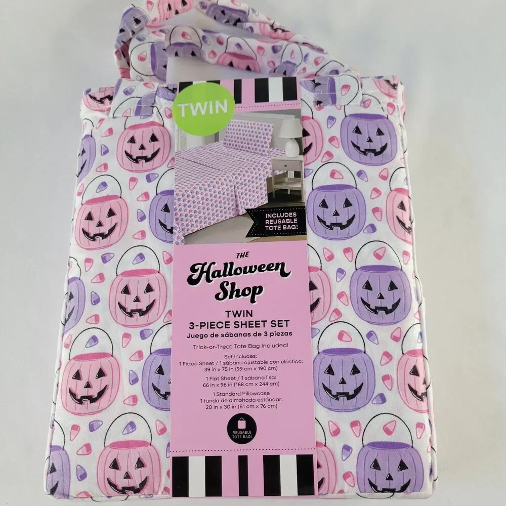 Halloween Pink Purple White TWIN 3pc Sheets Set Trick Treat Buckets Candy Corn